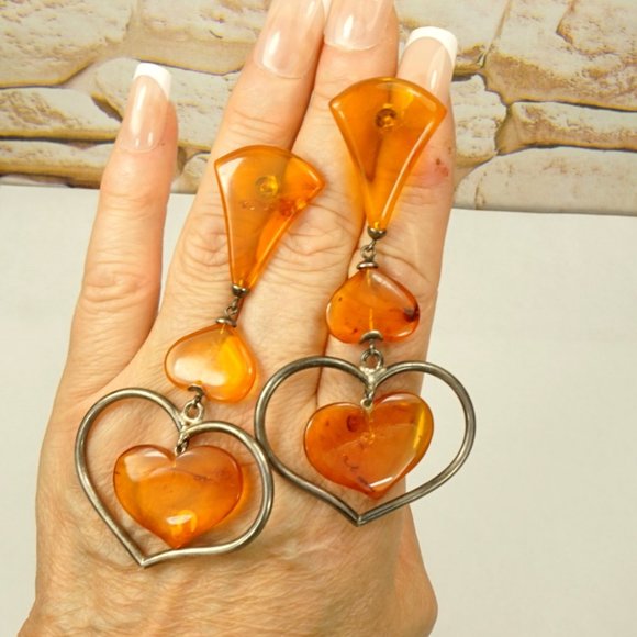 ANTIQUE AMBER EXTRA LONG EARRINGS, UNIQUE GIFT FOR WOMEN - Picture 6 of 10